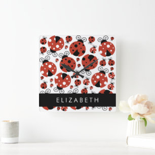 Pattern Of Ladybugs, Red Ladybugs, Your Name Square Wall Clock