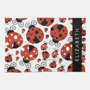 Pattern Of Ladybugs, Red Ladybugs, Your Name Tea Towel
