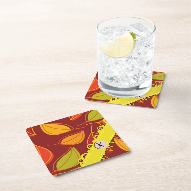 Pattern Of Leaves, Colourful Leaves, Monogram Square Paper Coaster (Insitu)