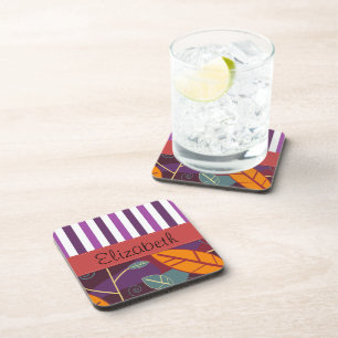 Pattern Of Leaves, Purple Stripes, Your Name Coaster