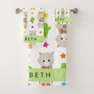 Pattern Of Llamas, Alpacas, Cactus, Your Name Bath Towel Set