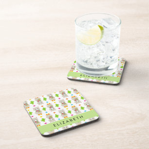 Pattern Of Llamas, Alpacas, Cactus, Your Name Coaster