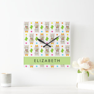 Pattern Of Llamas, Alpacas, Cactus, Your Name Square Wall Clock