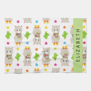 Pattern Of Llamas, Alpacas, Cactus, Your Name Tea Towel