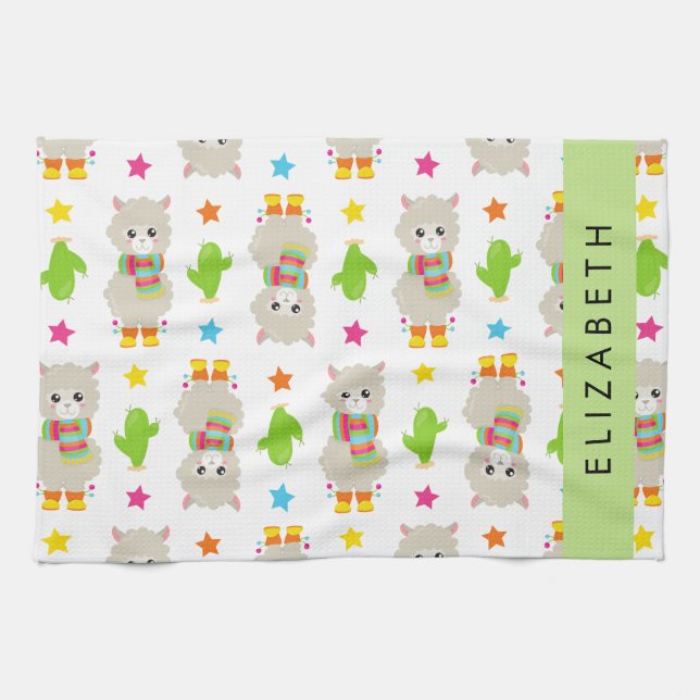 Pattern Of Llamas, Alpacas, Cactus, Your Name Tea Towel (Horizontal)