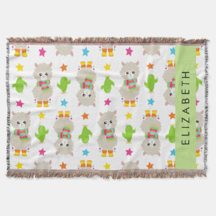 Pattern Of Llamas, Alpacas, Cactus, Your Name Throw Blanket