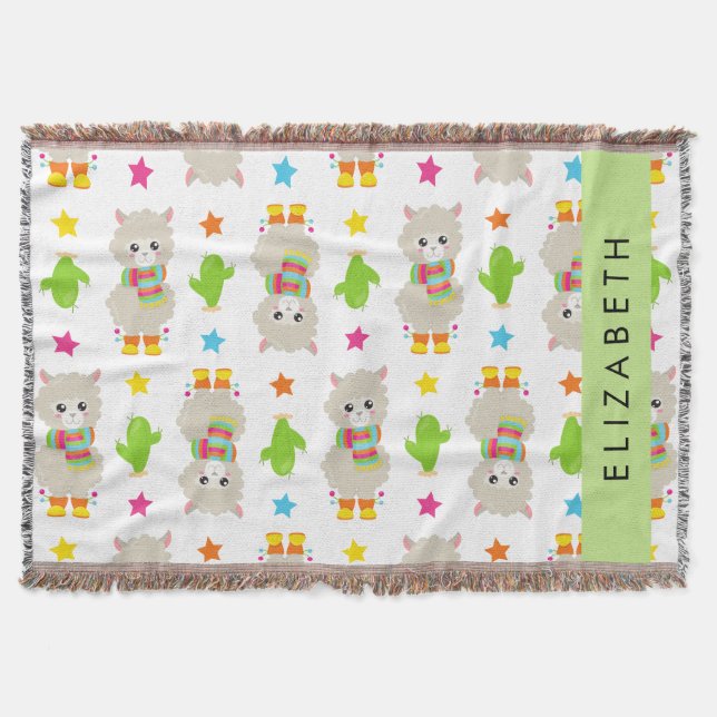 Pattern Of Llamas, Alpacas, Cactus, Your Name Throw Blanket (Front)