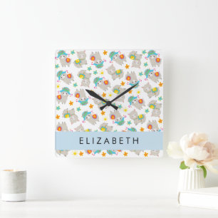 Pattern Of Llamas, Alpacas, Flowers, Your Name Square Wall Clock