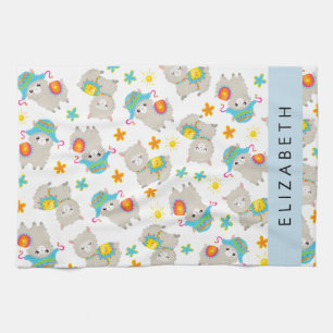 Pattern Of Llamas, Alpacas, Flowers, Your Name Tea Towel