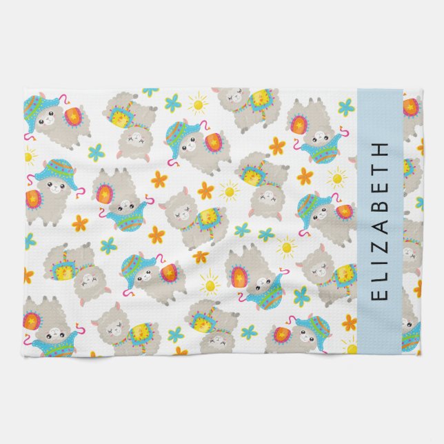 Pattern Of Llamas, Alpacas, Flowers, Your Name Tea Towel (Horizontal)