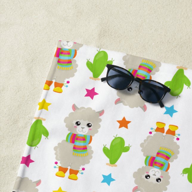 Pattern Of Llamas, Cute Llamas, Alpacas, Cactus Beach Towel (In Situ)