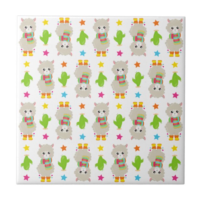 Pattern Of Llamas, Cute Llamas, Alpacas, Cactus Ceramic Tile (Front)