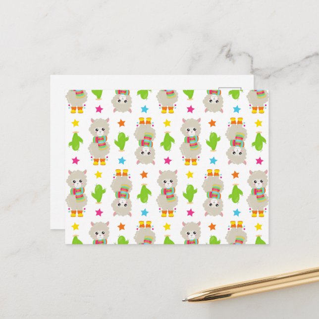 Pattern Of Llamas, Cute Llamas, Alpacas, Cactus Postcard (Front/Back In Situ)