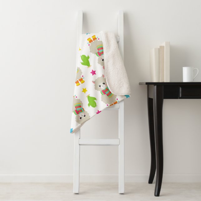 Pattern Of Llamas, Cute Llamas, Alpacas, Cactus Sherpa Blanket (In Situ)