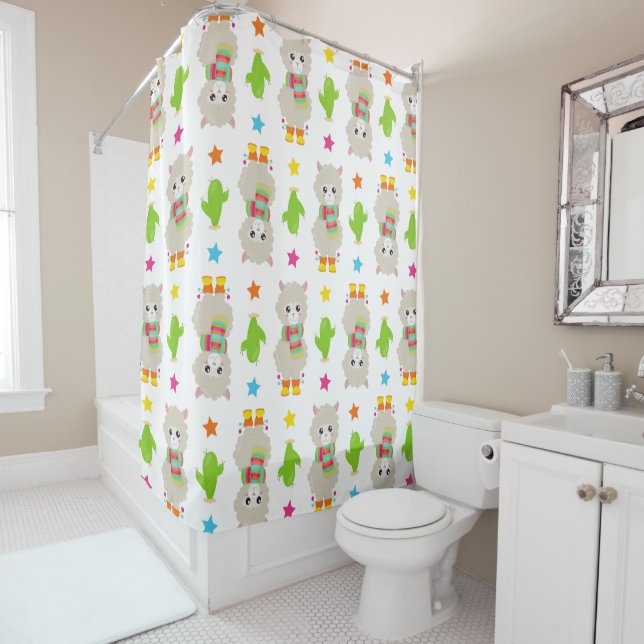Pattern Of Llamas, Cute Llamas, Alpacas, Cactus Shower Curtain (In Situ)