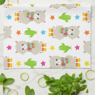 Pattern Of Llamas, Cute Llamas, Alpacas, Cactus Tea Towel