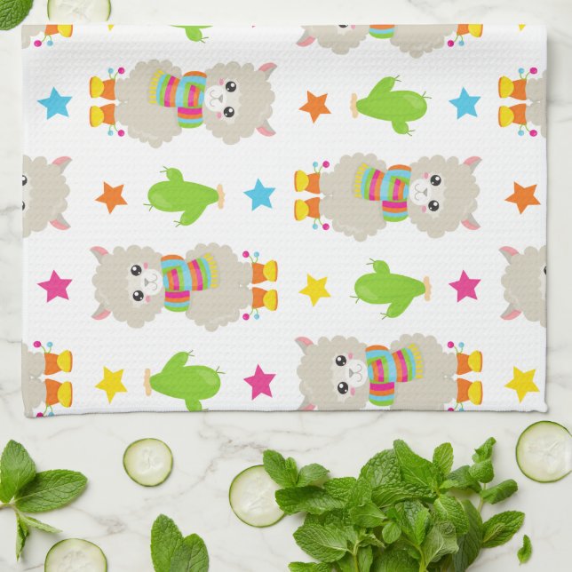 Pattern Of Llamas, Cute Llamas, Alpacas, Cactus Tea Towel (Folded)