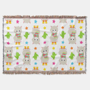 Pattern Of Llamas, Cute Llamas, Alpacas, Cactus Throw Blanket