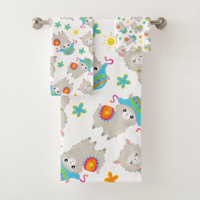 Pattern Of Llamas, Cute Llamas, Alpacas, Flowers Bath Towel Set (Insitu)