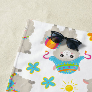 Pattern Of Llamas, Cute Llamas, Alpacas, Flowers Beach Towel