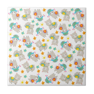 Pattern Of Llamas, Cute Llamas, Alpacas, Flowers Ceramic Tile