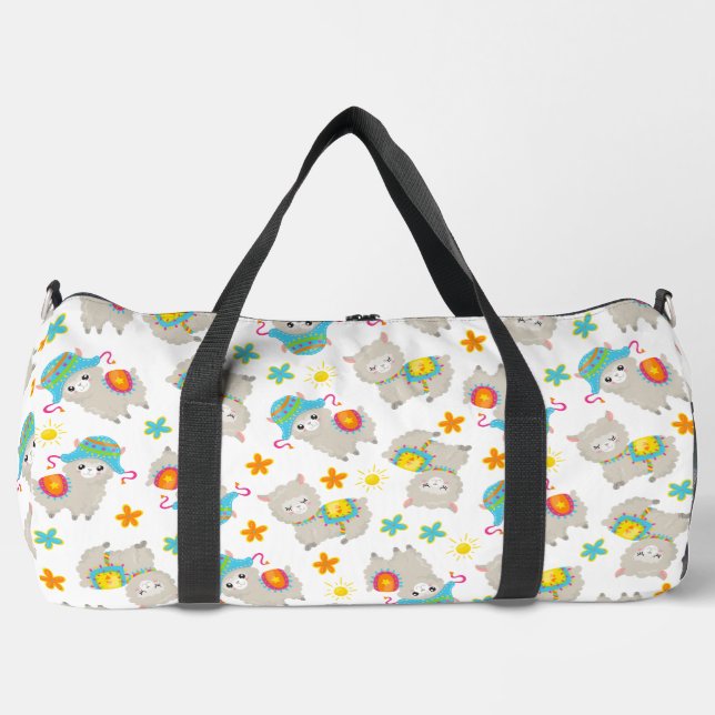 Pattern Of Llamas, Cute Llamas, Alpacas, Flowers Duffle Bag (Front)