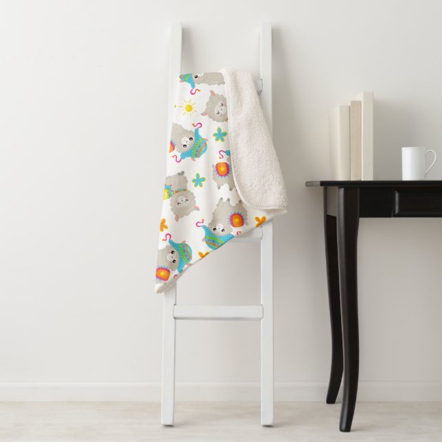 Pattern Of Llamas, Cute Llamas, Alpacas, Flowers Sherpa Blanket (In Situ)
