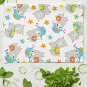 Pattern Of Llamas, Cute Llamas, Alpacas, Flowers Tea Towel
