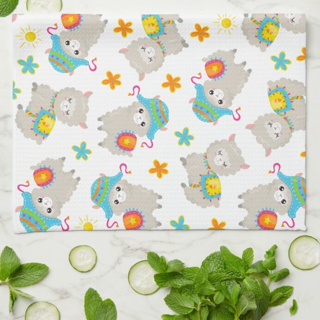 Pattern Of Llamas, Cute Llamas, Alpacas, Flowers Tea Towel (Folded)