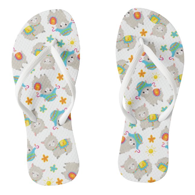 Pattern Of Llamas, Cute Llamas, Alpacas, Flowers Thongs (Footbed)
