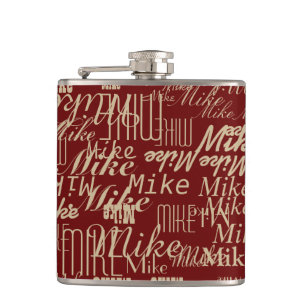 Pattern of Names on Dark Red Hip Flask