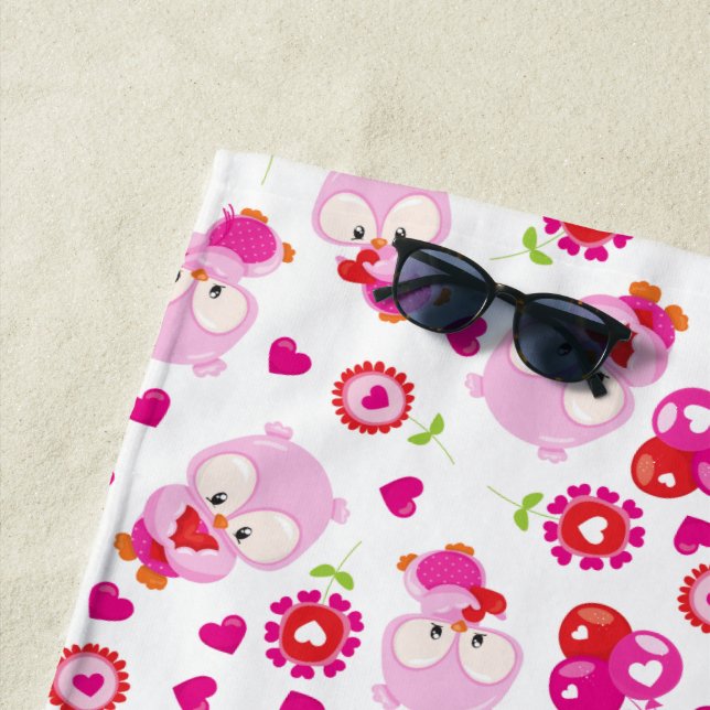 Pattern Of Owls, Cute Owls, Pink Owls, Hearts Beach Towel (In Situ)