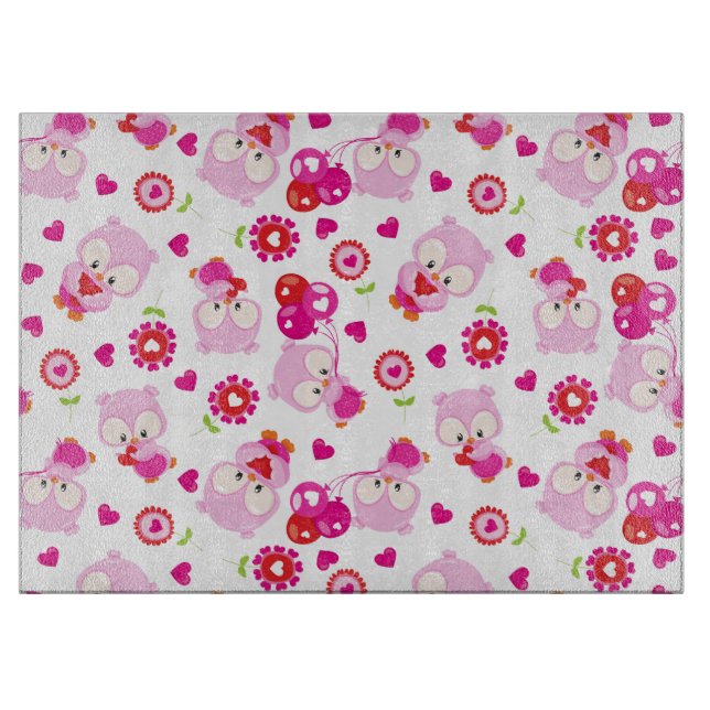 Pattern Of Owls, Cute Owls, Pink Owls, Hearts Cutting Board (Front)