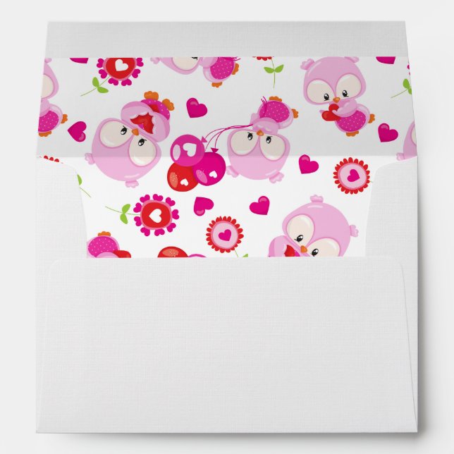 Pattern Of Owls, Cute Owls, Pink Owls, Hearts Envelope (Back (Bottom))
