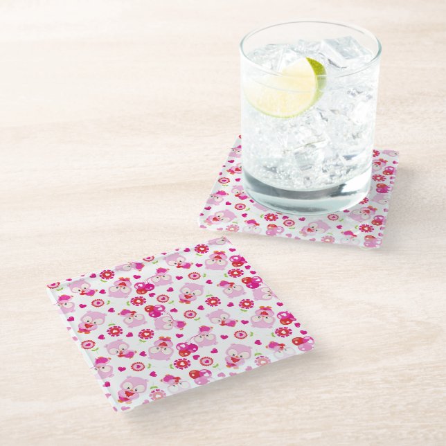 Pattern Of Owls, Cute Owls, Pink Owls, Hearts Glass Coaster (Angled)