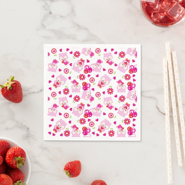 Pattern Of Owls, Cute Owls, Pink Owls, Hearts Napkin (Insitu)