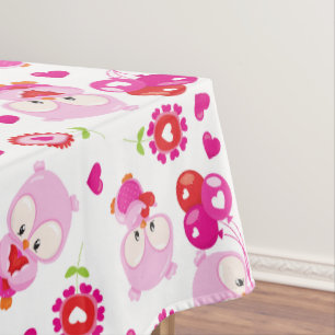 Pattern Of Owls, Cute Owls, Pink Owls, Hearts Tablecloth