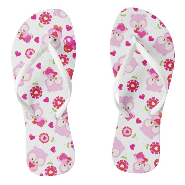 Pattern Of Owls, Cute Owls, Pink Owls, Hearts Thongs (Footbed)