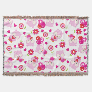Pattern Of Owls, Cute Owls, Pink Owls, Hearts Throw Blanket