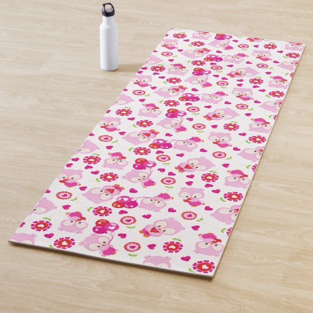 Pattern Of Owls, Cute Owls, Pink Owls, Hearts Yoga Mat (In Situ)