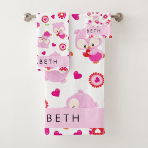 Pattern Of Owls, Cute Owls, Pink Owls, Your Name Bath Towel Set