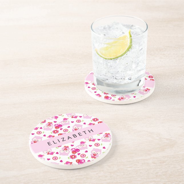 Pattern Of Owls, Cute Owls, Pink Owls, Your Name Coaster (Side)