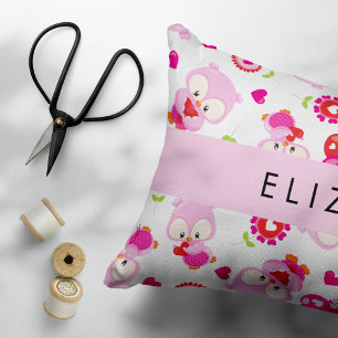 Pattern Of Owls, Cute Owls, Pink Owls, Your Name Decorative Cushion