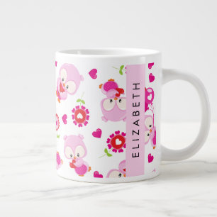 Pattern Of Owls, Cute Owls, Pink Owls, Your Name Large Coffee Mug
