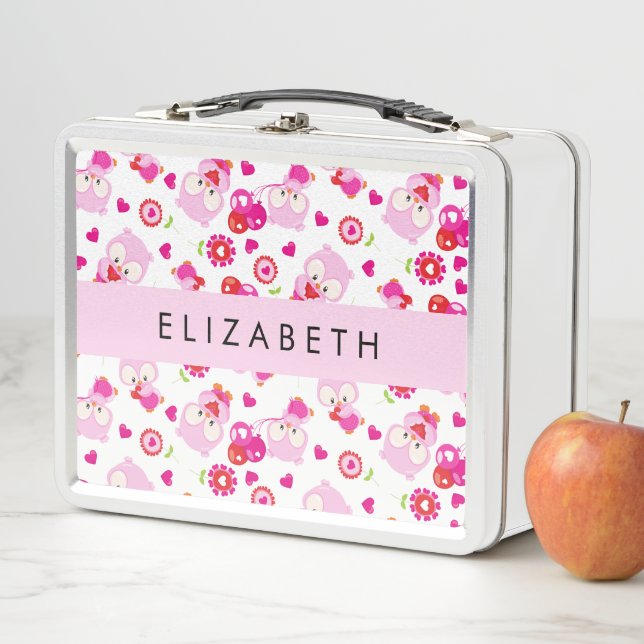 Pattern Of Owls, Cute Owls, Pink Owls, Your Name Metal Lunch Box (In Situ)