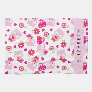 Pattern Of Owls, Cute Owls, Pink Owls, Your Name Tea Towel