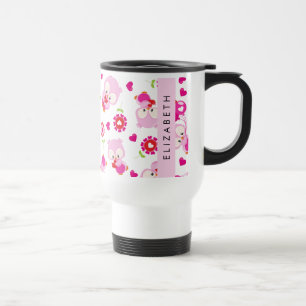 Pattern Of Owls, Cute Owls, Pink Owls, Your Name Travel Mug