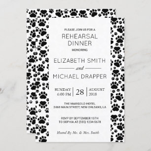 Pattern Of Paws, Black And White, Rehearsal Dinner Invitation