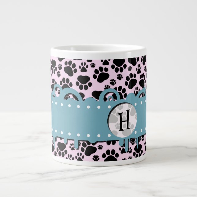 Pattern Of Paws, Black Paws, Dog Paws, Monogram Large Coffee Mug (Front)