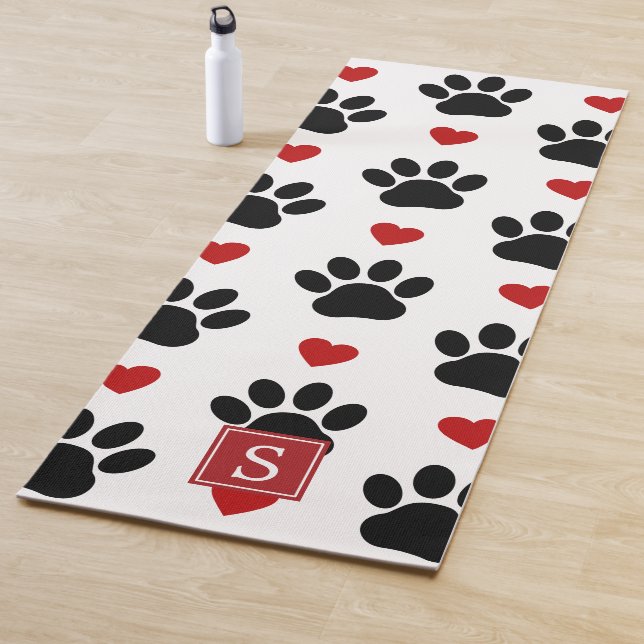 Pattern Of Paws, Black Paws, Red Hearts, Monogram Yoga Mat (In Situ)
